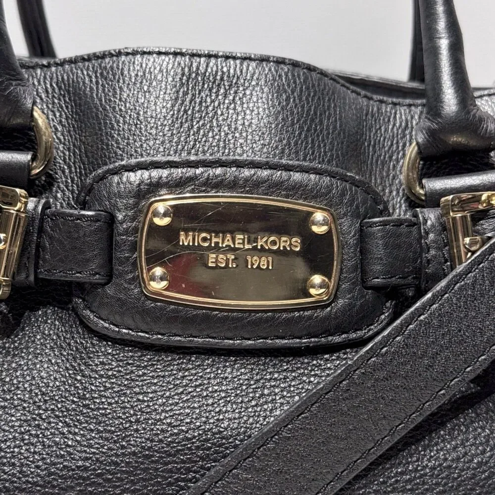 Michael Kors Hamilton Black Leather Tote Bag Shoulder Strap Medallion 15"x10"x4" - Picture 2 of 13